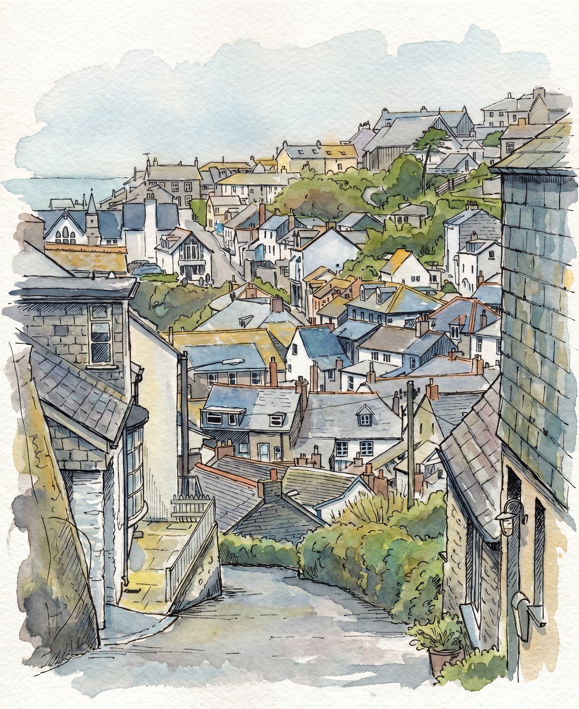 Watercolor feature image showing rooftops and sea views in a coastal village
